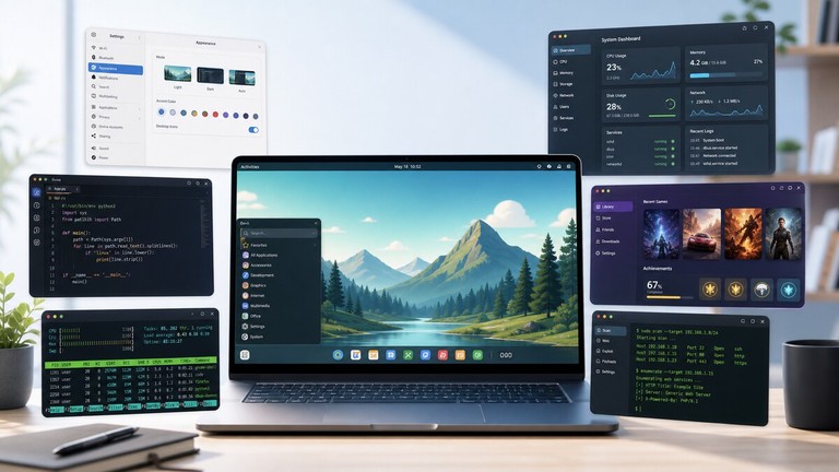 Linux desktop environments and terminal panels arranged around a modern workstation