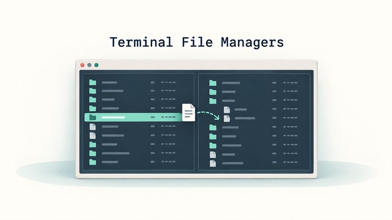 Two terminal file browser panes with folders and a file being copied between them