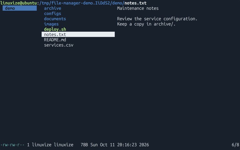 lf on Ubuntu 26.04 displaying a directory listing and the contents of notes.txt in its preview pane