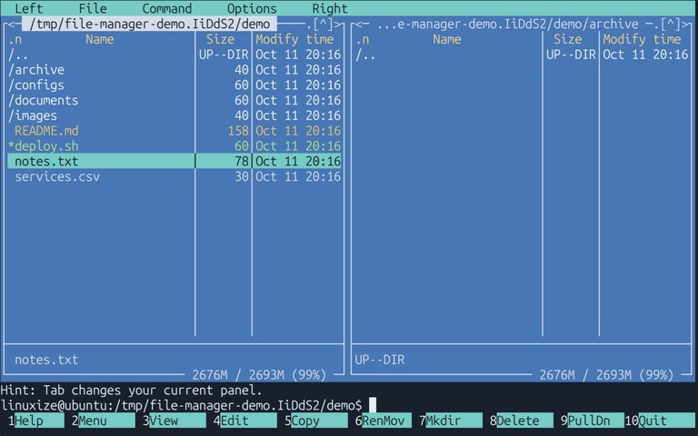 Midnight Commander on Ubuntu 26.04 showing a source directory on the left and an empty archive directory on the right