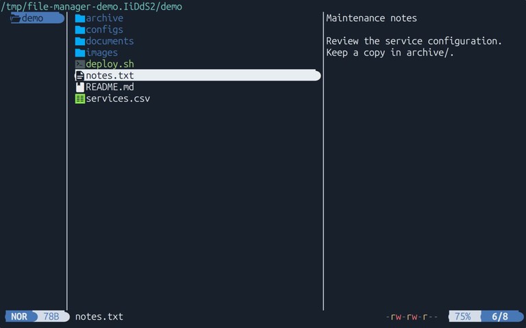 Yazi on Ubuntu 26.04 with a directory listing in the middle and a notes.txt preview on the right