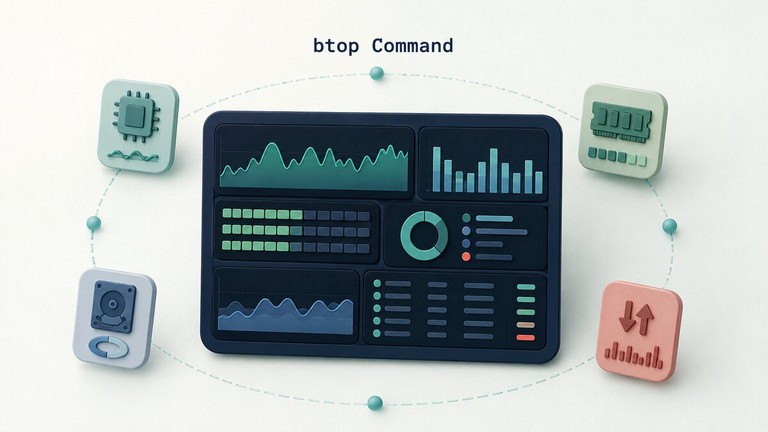 btop terminal dashboard with CPU, memory, disk, network, and process monitoring panels