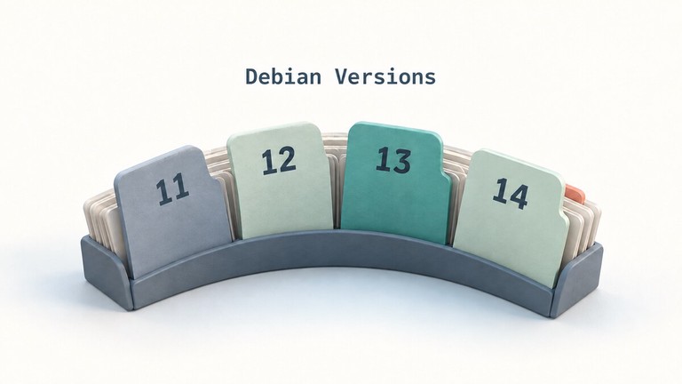 Archive dividers labeled with Debian versions 11, 12, 13, and 14, with version 13 highlighted in teal