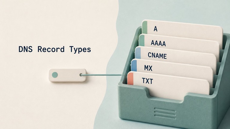 DNS record cards linking a domain to IP addresses, mail servers, and security policies