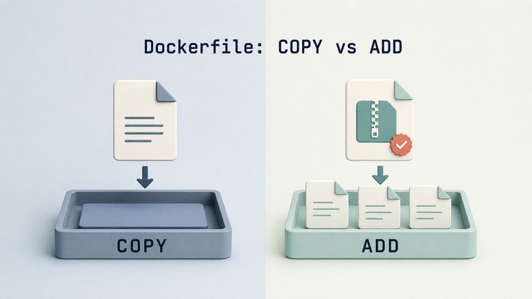 Split comparison of Dockerfile COPY and ADD instructions moving source files into an image layer
