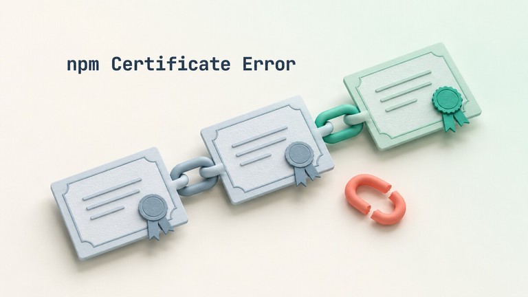 Certificate cards connected by a repaired link, illustrating npm certificate verification