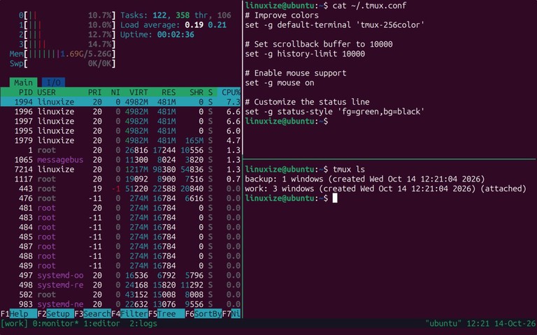 tmux session on Ubuntu 26.04 with htop, a config file, and tmux ls output in three panes, and the session name and window list in the status line