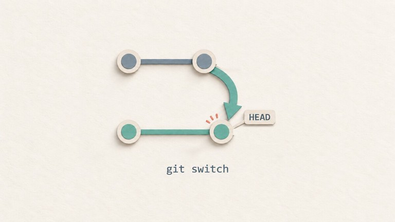 A HEAD marker moving between two Git branch tracks with the git switch command