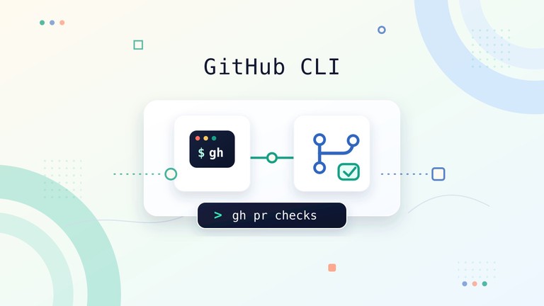GitHub CLI terminal card with gh command, pull request branch, and workflow check icons