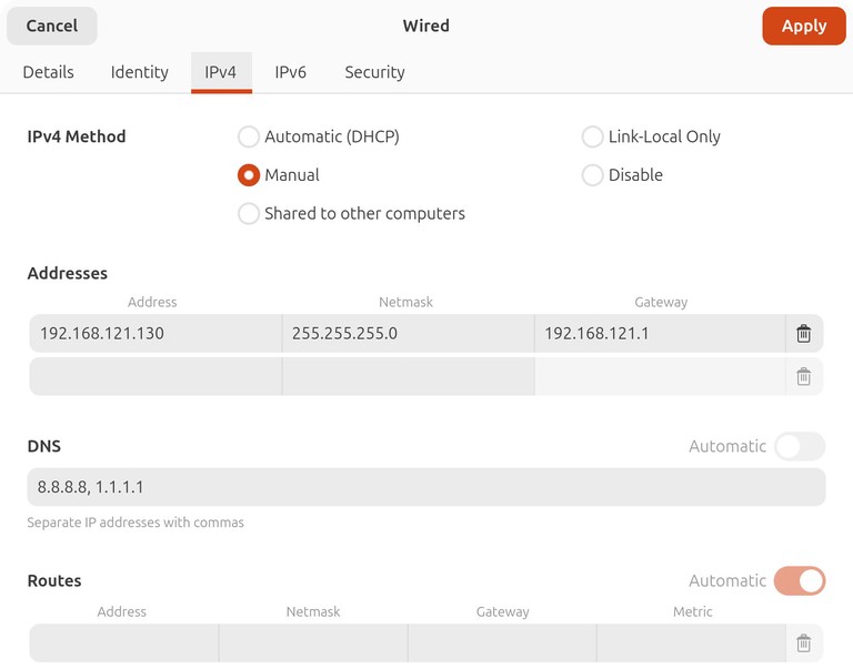 Ubuntu GNOME network settings with manual IPv4 configuration