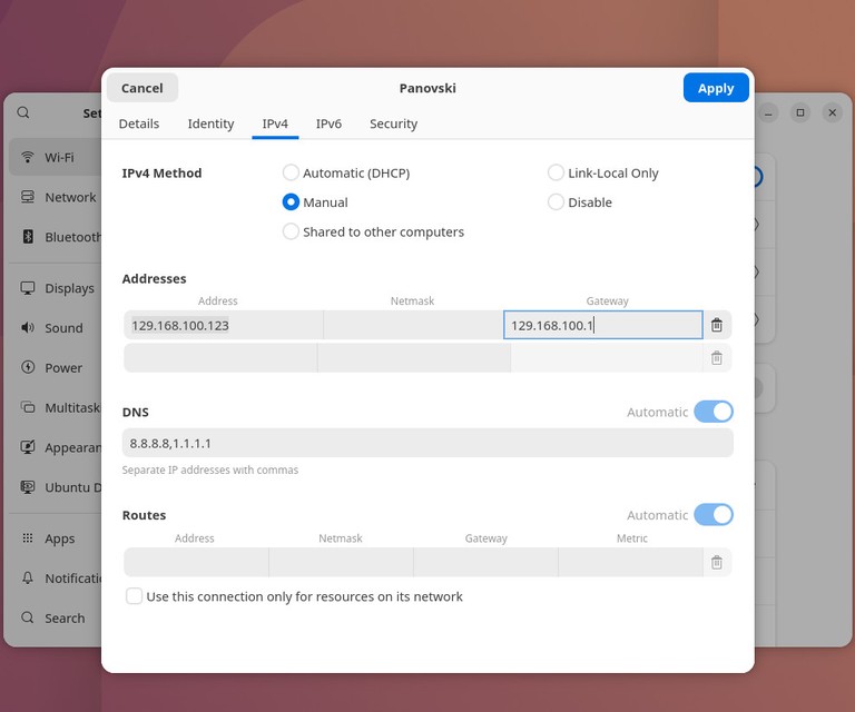 Ubuntu GNOME network settings with manual IPv4 configuration