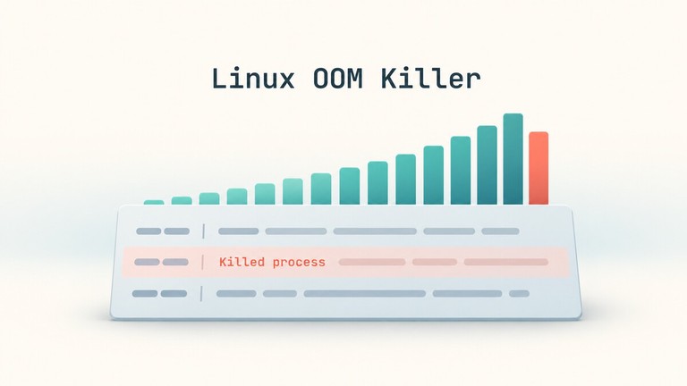 Rising memory usage bars above a Linux log with a highlighted Killed process entry