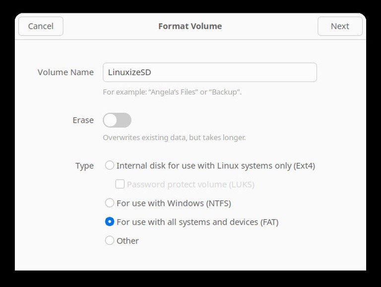 GNOME Disks Format Volume dialog with the filesystem type set to FAT for cross-platform use