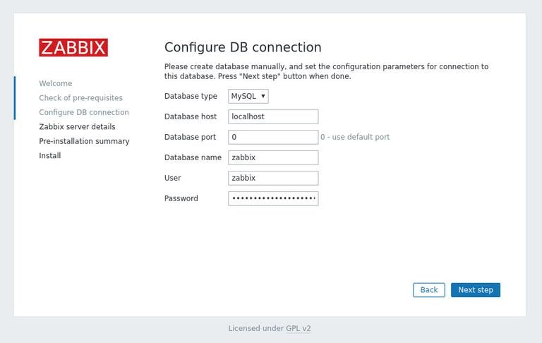 Zabbix configure db connection