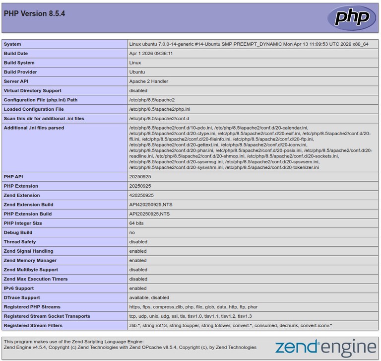 PHP 8.5 information page on Ubuntu 26.04