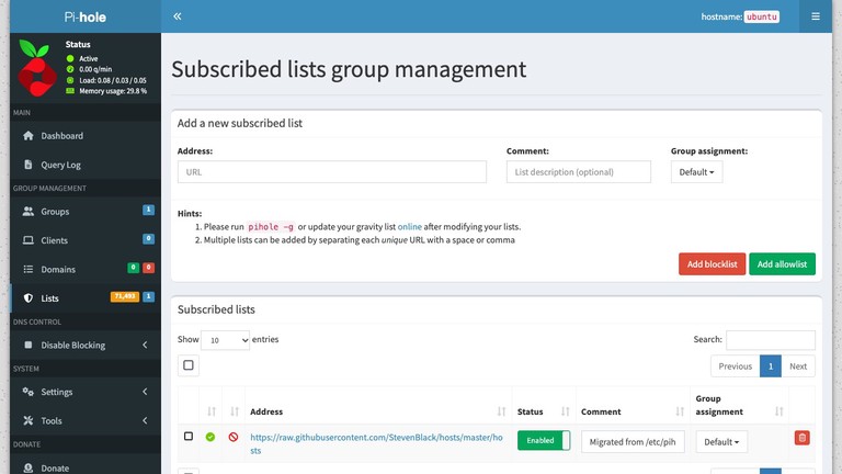 Pi-hole v6 Lists page showing the default StevenBlack blocklist and list management controls