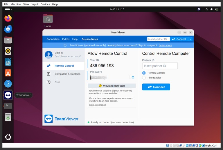 TeamViewer main window showing ID and password on Ubuntu 24.04
