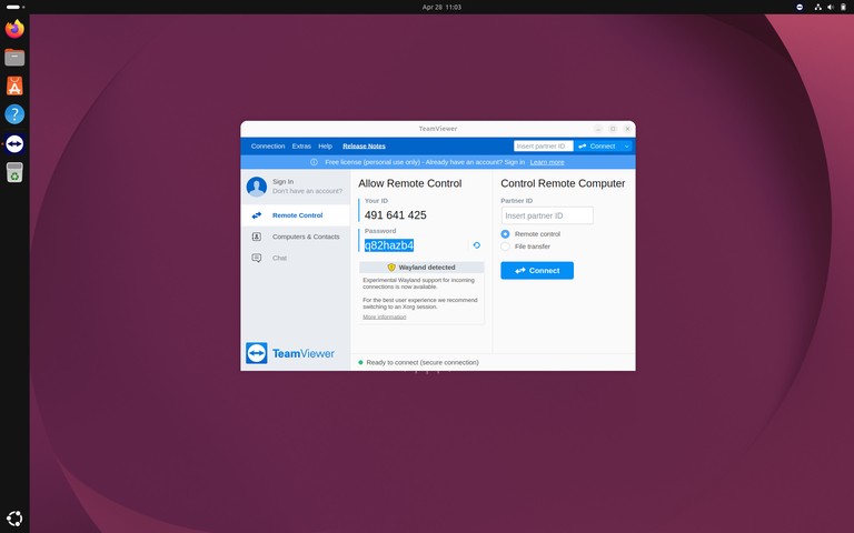TeamViewer main window on Ubuntu 26.04