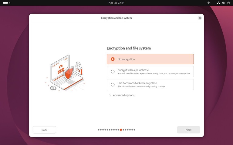 Ubuntu 26.04 installer encryption and file system screen