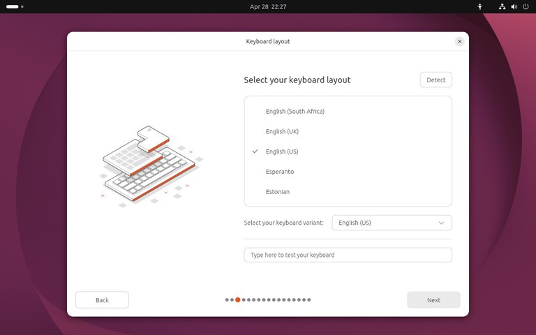 Ubuntu 26.04 installer keyboard layout screen