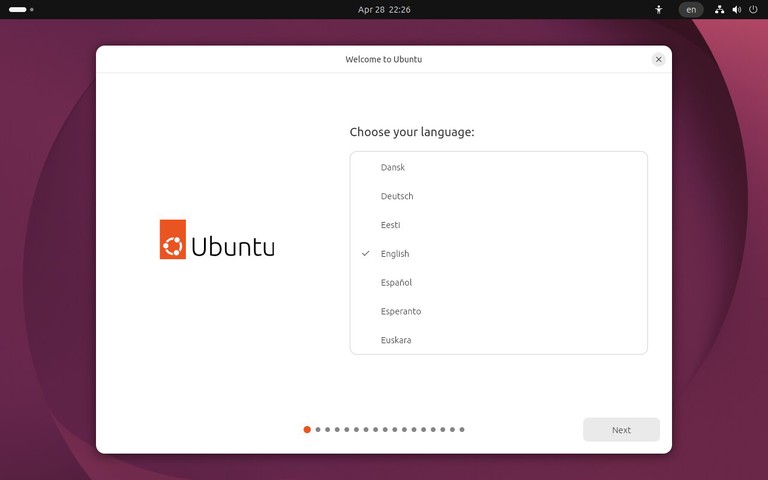 Ubuntu 26.04 installer language selection screen