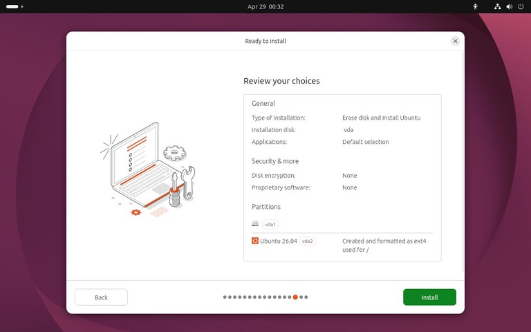 Ubuntu 26.04 installer ready to install summary screen