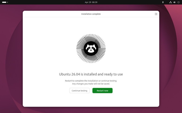 Ubuntu 26.04 installer restart prompt