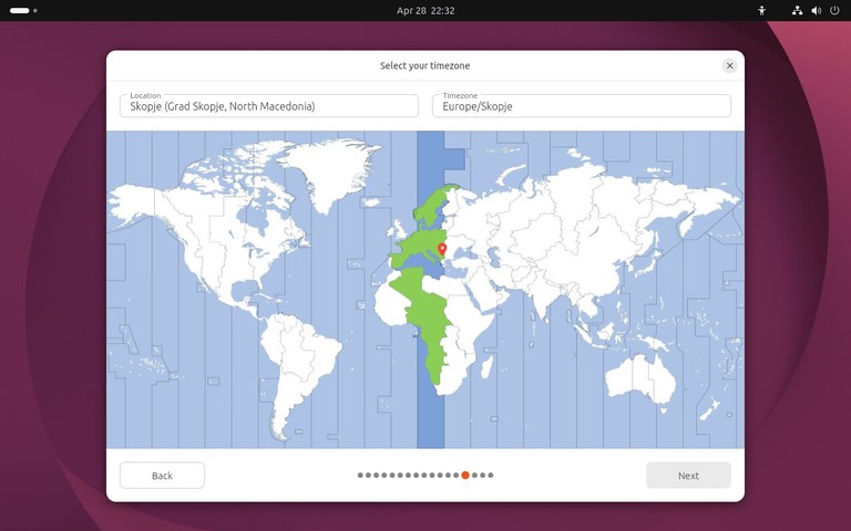 Ubuntu 26.04 installer time zone selection screen