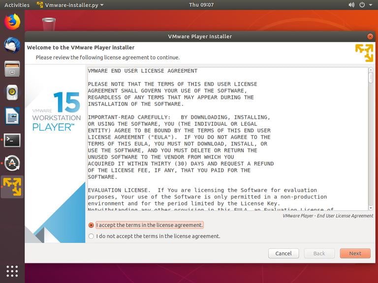 ubuntu vmware accept license