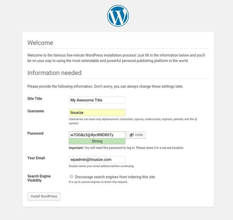 Install wordpress welcome