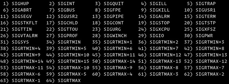 Terminal output of kill -l showing the list of available signals
