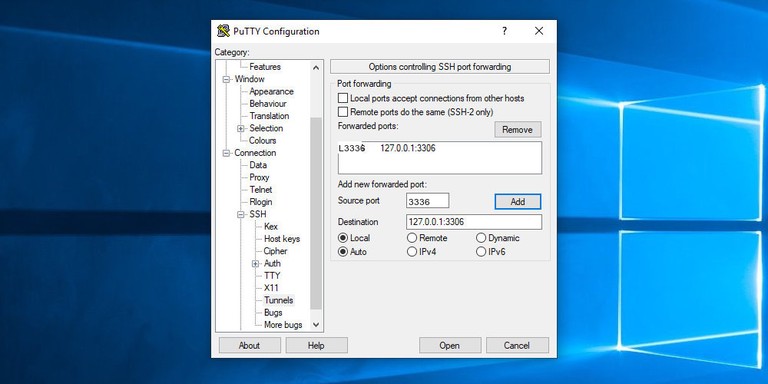 Configure Tunnel in PuTTY