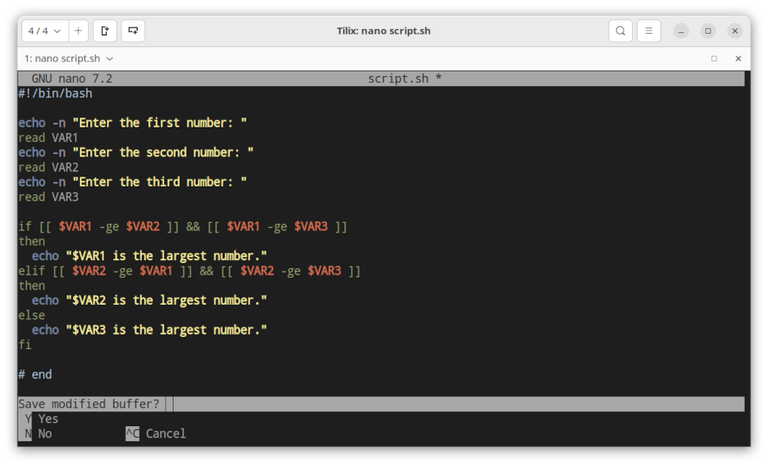 Nano save modified buffer prompt shown before exiting with unsaved changes