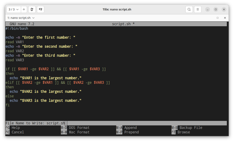 Nano filename prompt shown after pressing Ctrl+O to save a file