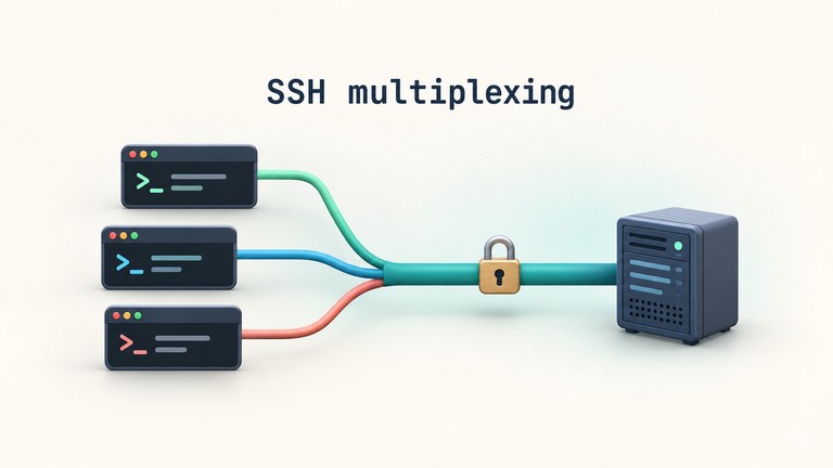 Three SSH terminal sessions sharing one encrypted connection to a server