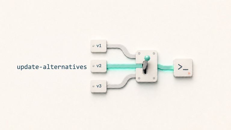 Program paths converging through an update-alternatives selector to one default command