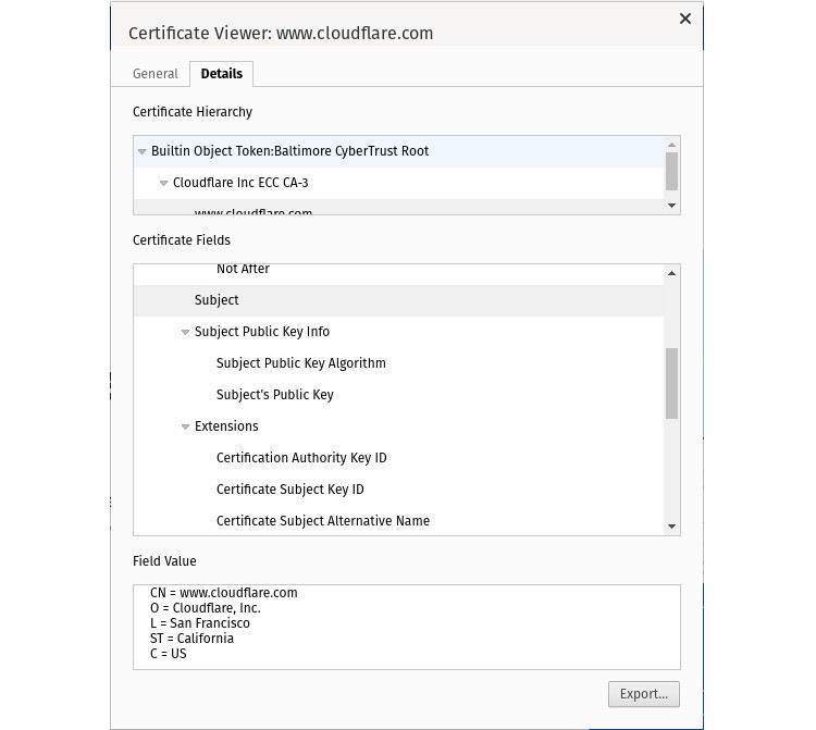 Organization details shown in the Subject field of an SSL certificate