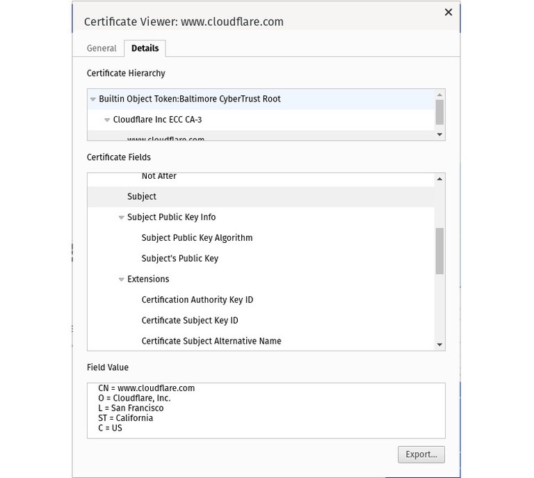 Organization details shown in the Subject field of an SSL certificate