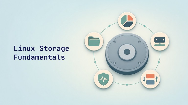 Linux storage concepts arranged around a central disk